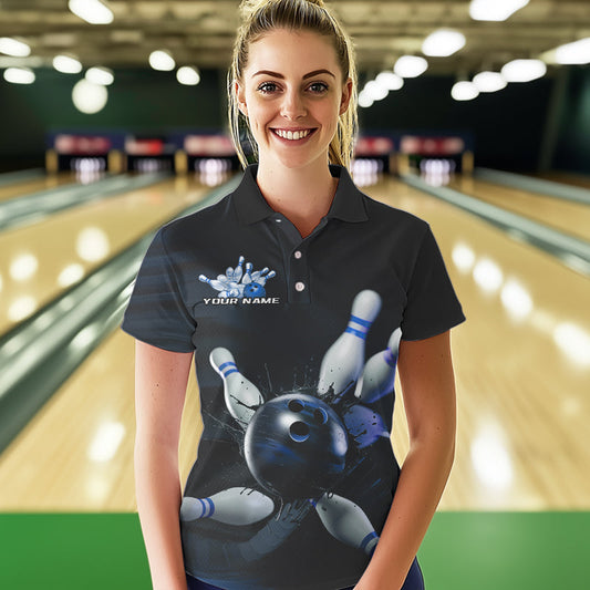 Custom Black And Blue Bowling Jerseys, Bowling League Polo Shirts For Women Team Uniform IPHW8562