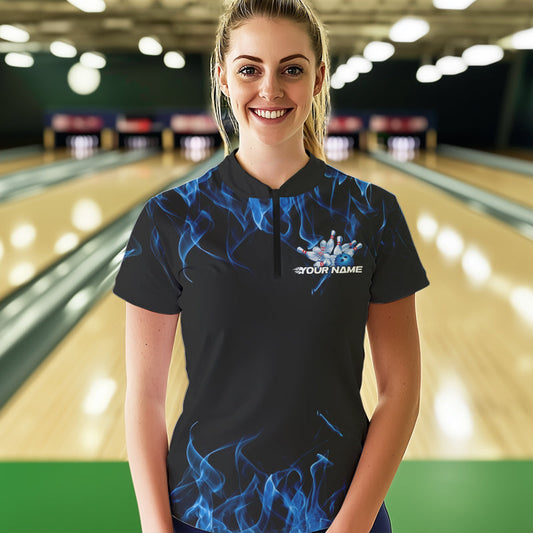 Custom Black And Blue Flame Cobra Snake Bowling Womens Quarter-Zip Shirts, Team Uniform IPHW8568