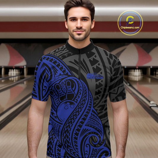 Custom Black And Blue Maori Style Koru Spiral Tribal Men Bowling Quarter-Zip Team Shirt IPHW10952
