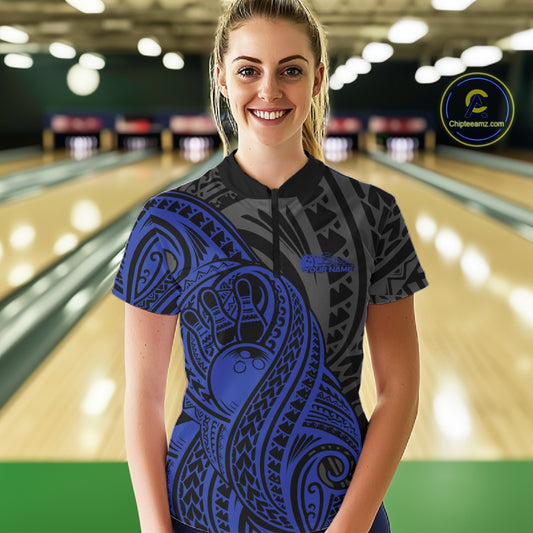 Custom Black And Blue Maori Style Koru Spiral Tribal Women Bowling Quarter-Zip Shirt IPHW10952