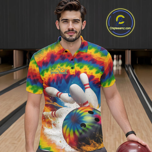 Custom Colorful Tie Dye Bowling Polo Shirts For Men, Rainbow Bowling Outfit IPHW9114
