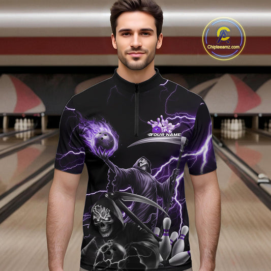 Custom Purple Lightning Grim Reaper Skull Bowling Men Quarter-Zip Shirt, Halloween Outfit IPHW9849