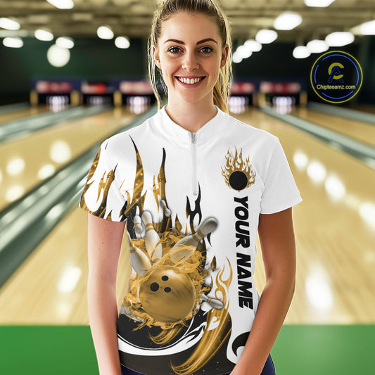 Custom Yellow Flame Bowling Team Jerseys, Bowling League Quarter-Zip Shirt For Women IPHW10728