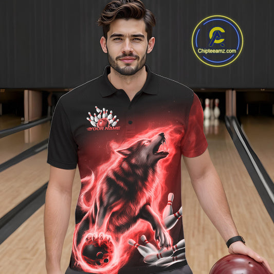 Red Flame Wolf Custom Bowling Team Shirt For Men, Fire Wolf Bowling Jerseys IPHW10735
