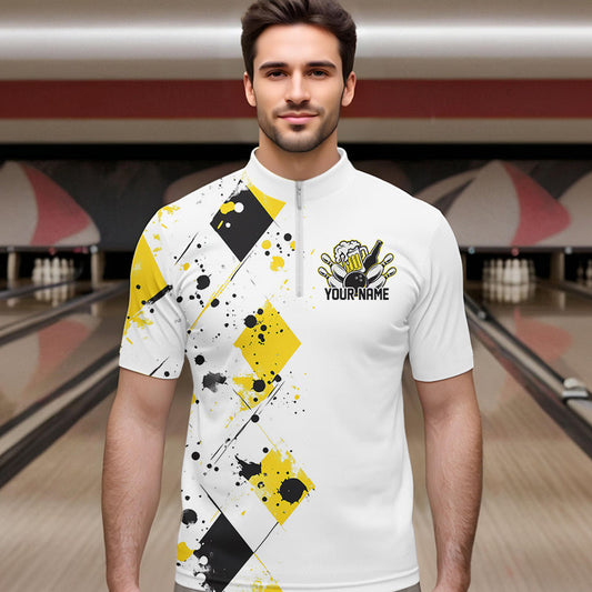 Yellow Argyle Pattern Custom Funny Bowling And Beer Team Quarter-Zip Shirts For Men IPHW8889