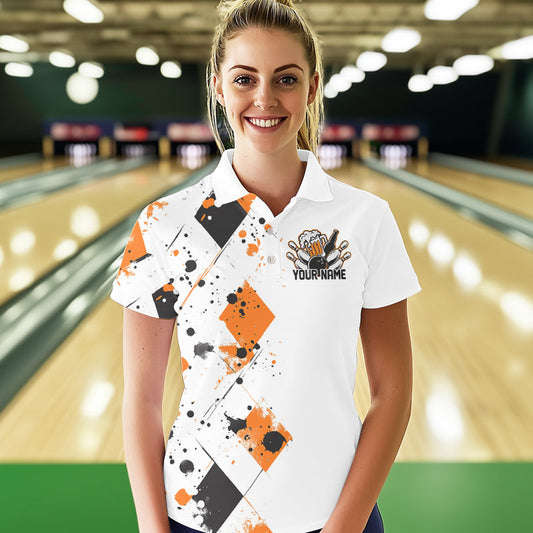Orange Argyle Pattern Custom Funny Bowling And Beer Team Polo Shirts For Women IPHW8890