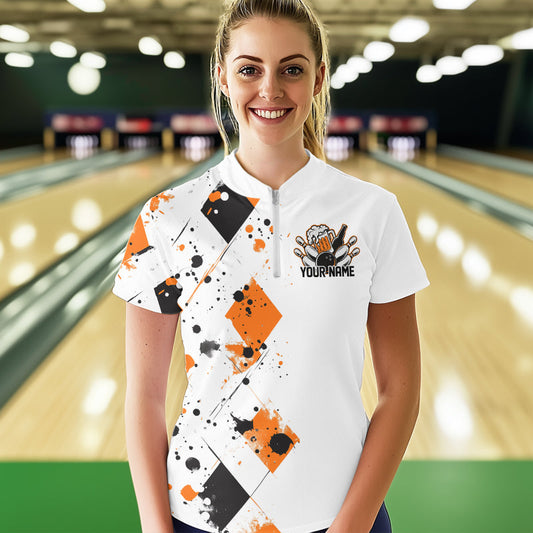 Orange Argyle Pattern Custom Funny Bowling And Beer Team Quarter-Zip Shirts For Women IPHW8890