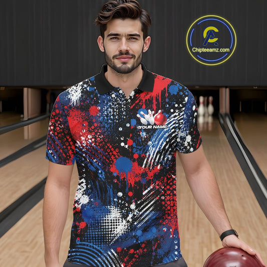 A man wearing a colorful custom patriotic splatter bowling polo shirt holding a bowling ball in a bowling alley.