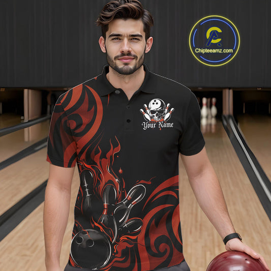 Custom Black And Orange Tribal Flame Bowling Men Shirt, Bowling League Shirt Team Jerseys IPHW10738