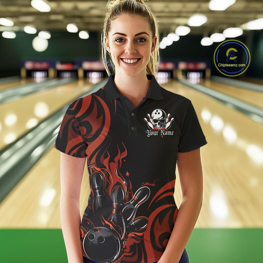 Custom Black And Orange Tribal Flame Bowling Women Shirt, Bowling League Shirt Team Jerseys IPHW10738