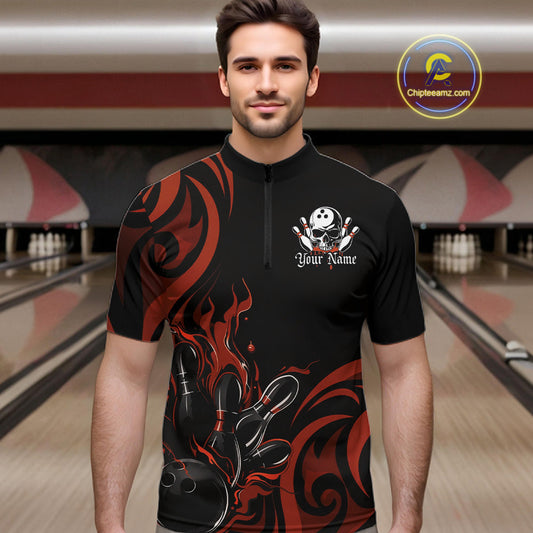Custom Black And Orange Tribal Flame Bowling Men Shirt, Bowling League Shirt Team Jerseys IPHW10738
