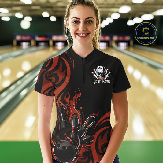 Custom Black And Orange Tribal Flame Bowling Women Shirt, Bowling League Team Jerseys IPHW10738
