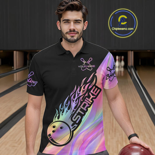 Custom Hologram Flame Strike Bowling Polo Shirts For Men, Bowling Team Bowler Outfit IPHW9861