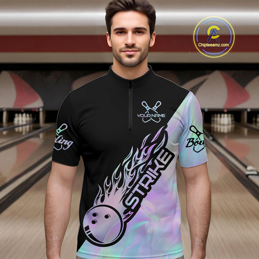 Custom Hologram Flame Strike Bowling Men Quarter-Zip Shirt, Holographic Icy Crystal Bowling Shirt IPHW9863