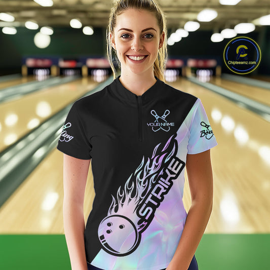 Custom Hologram Flame Strike Bowling Women Quarter-Zip Shirt, Icy Crystal Bowling Shirt IPHW9863