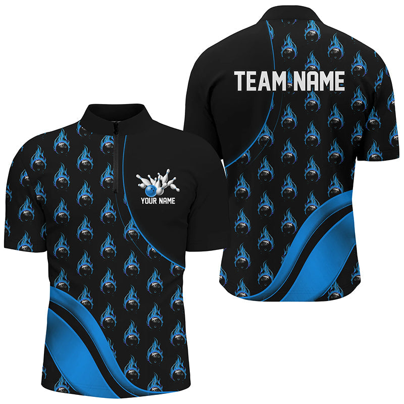 Custom Blue Flame Bowling Shirts For Men, Personalized Team Bowling Shirts IPHW6959