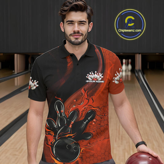 Custom Black And Orange Flame Bowling Polo Shirt For Men, Bowling Team League Shirt IPHW9873