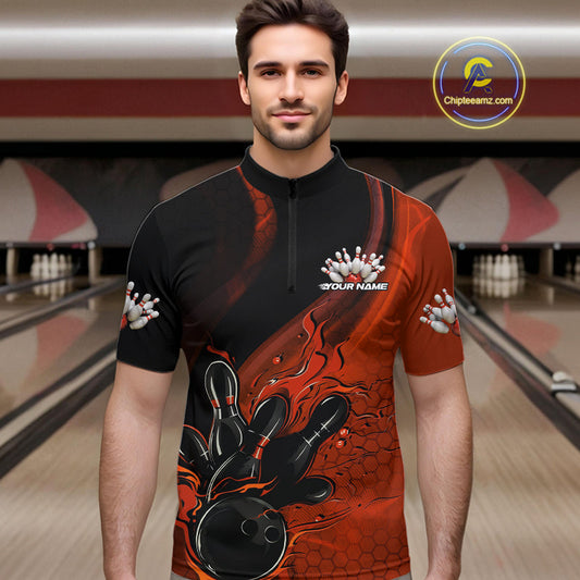 Custom Black And Orange Flame Bowling Quarter-Zip Shirt For Men, Bowling Team League Shirt IPHW9873