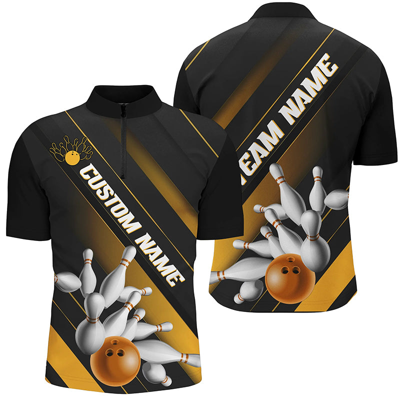 Black And Gold Custom Bowling Team Shirts For Men And Women, Bowling Ball And Pins Shirt IPHW6445