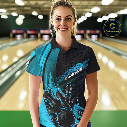 Custom Black And Blue Flame Bowling Jerseys, Bowling Team Polo Shirts For Women IPHW9885