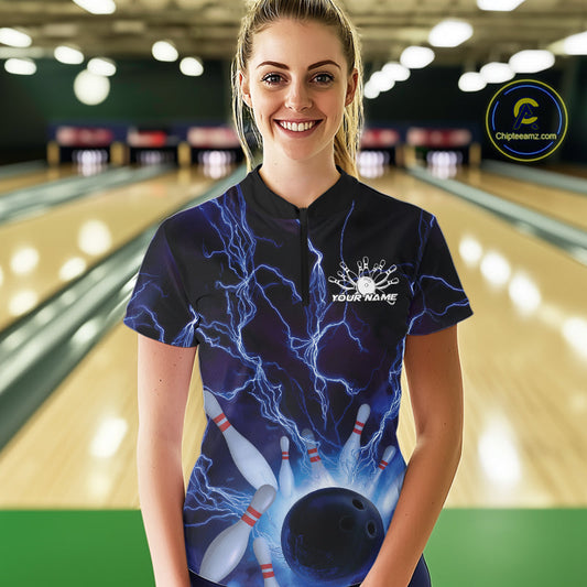 Custom Blue Thunder Lightning Bowling Ball And Pins Women Quarter-Zip Shirt, Team Uniform IPHW9507