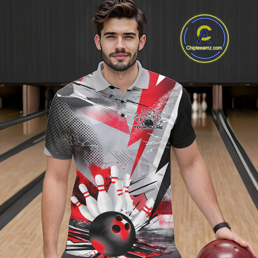 Custom Red And Gray Geometric Bowling Jerseys Bowling Team Polo Shirts For Men IPHW9508