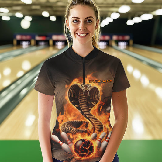 Custom Flame Cobra Snake Bowling Team Womens Quarter-Zip Shirts, Bowling Tournament Outfit IPHW8666