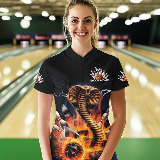 Custom Flame Cobra Snake Bowling Team Womens Quarter-Zip Shirts, Bowling Tournament Outfit IPHW8667