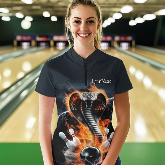 Custom Flame Cobra Snake Bowling Team Womens Quarter-Zip Shirts, Bowling Tournament Outfit IPHW8668