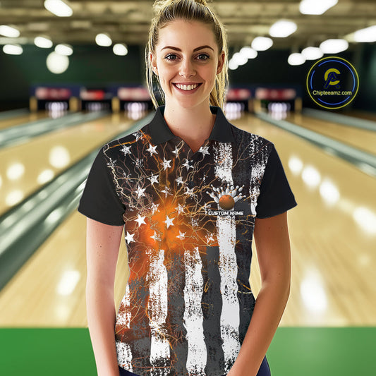 Orange Lightning US Flag Custom Bowling Team Jerseys, Patriotic Bowling Women Polo Shirt IPHW9917