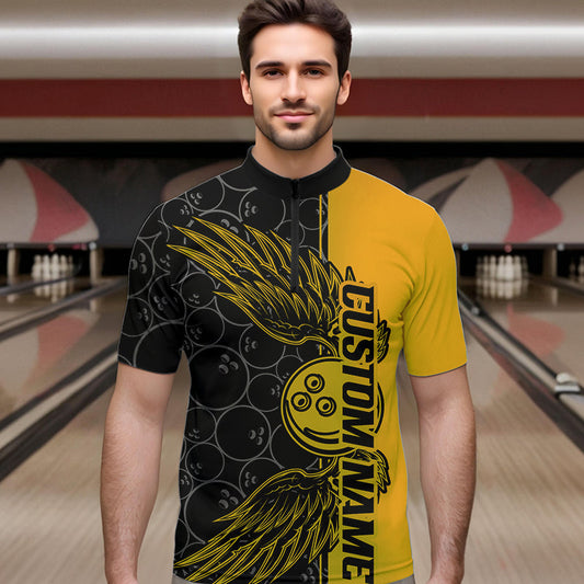 Black And Yellow Custom Bowling Ball And Wings Bowling Quarter-Zip Shirts For Men, Team Uniform IPHW8694