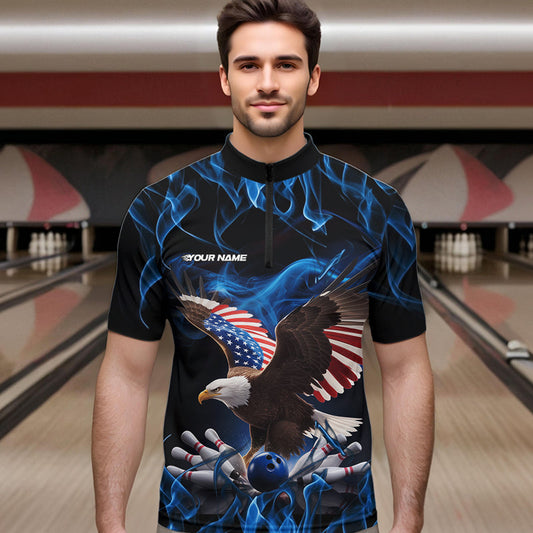 Custom Blue Flame US Eagle Bowling Men Quarter-Zip Shirts, American Patriotic Bowling League Shirt IPHW8936
