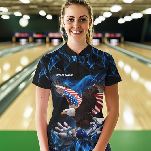 Custom Blue Flame US Eagle Bowling Women Quarter-Zip Shirts, Patriotic Bowling Shirt IPHW8936