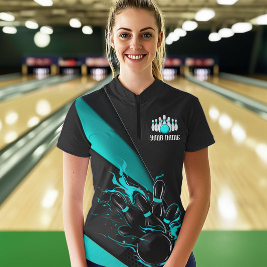 Custom Black And Blue Flame Duckpin Bowling Women Quarter-Zip Shirts, Tournament Outfit IPHW8946
