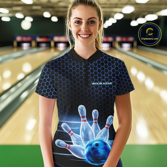 Custom Black And Blue Hexagon Flame Bowling Women Quarter-Zip Shirts, Bowling Team Shirt IPHW9389