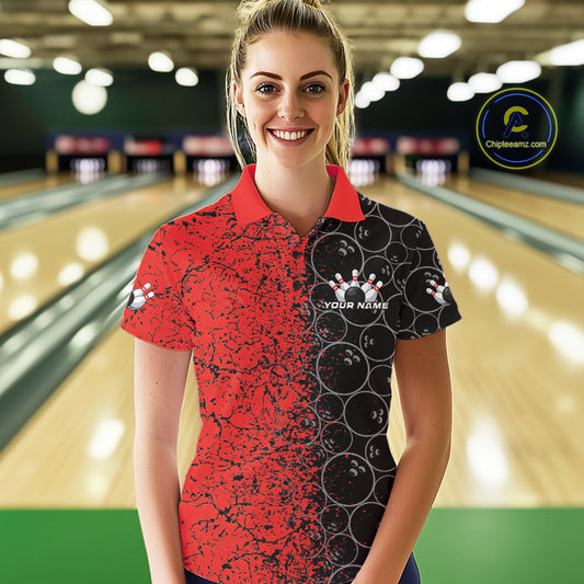 Custom Black And Red Splatter Bowling Ball Pattern Bowling Team Polo Shirts For Women IPHW9790