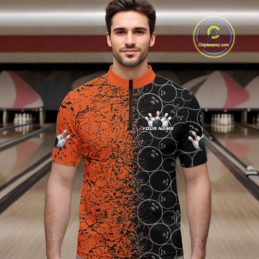 Custom Black And Orange Splatter Bowling Ball Pattern Bowling Team Quarter-Zip Shirts For Men IPHW9791