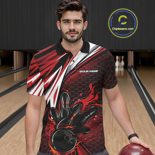 Custom Red Flame Bowling Jerseys For Men, Hexagon Bowling Team Tournament Shirt IPHW10556