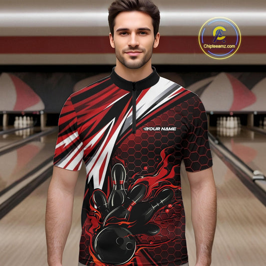 Custom Red Flame Bowling Jerseys For Men, Hexagon Bowling Team Tournament Shirt IPHW10556