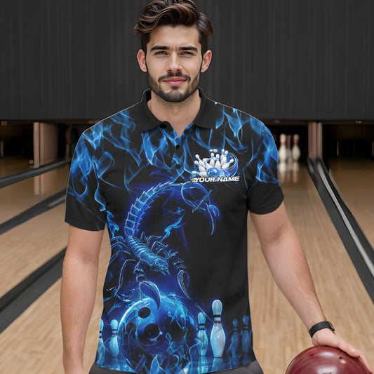 Custom Black And Blue Flame Scorpio Zodiac Bowling Men Polo Shirts, Scorpion Bowler Outfit IPHW8972