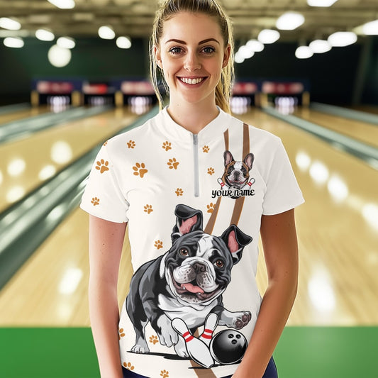 Custom Funny French Bulldog Bowling Women Quarter-Zip Shirts, Dog Paw Print Bowler Outfit IPHW8975