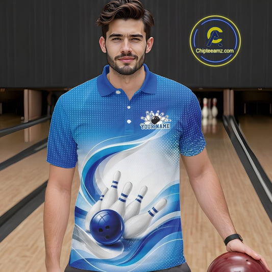 White and blue bowling polo shirt modeled by a male bowler, featuring sweeping wave graphics and a bowling ball crashing into pins
