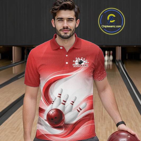 Male model in a bowling alley wearing a white and red bowling polo shirt with fluid wave accents and a bowling strike graphic