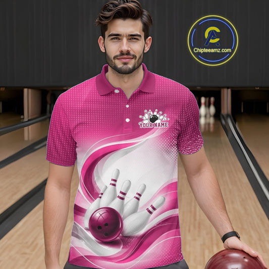 White and pink bowling polo shirt on a male model, highlighting flowing linework and a bowling-inspired graphic at the bowling lane