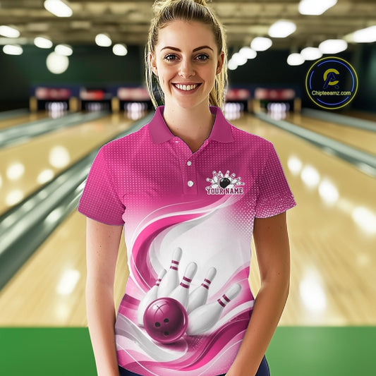 Front view of a female model wearing a white and pink bowling polo shirt with graceful wave patterns and a glossy bowling illustration