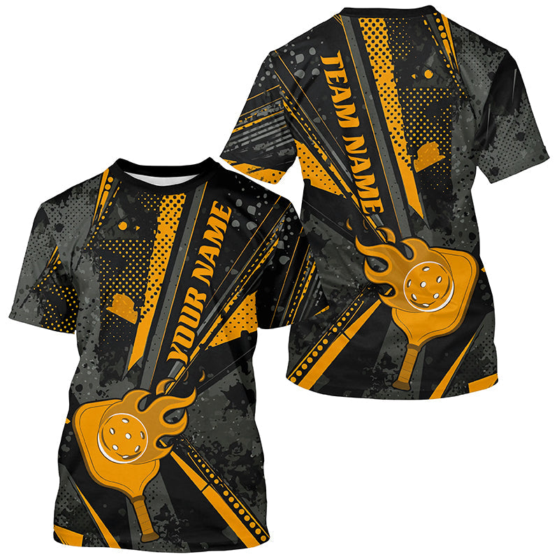 Black And Yellow Custom Flame Pickleball T-Shirts For Men, Pickleball Jerseys Pickleballer Outfit IPHW7776