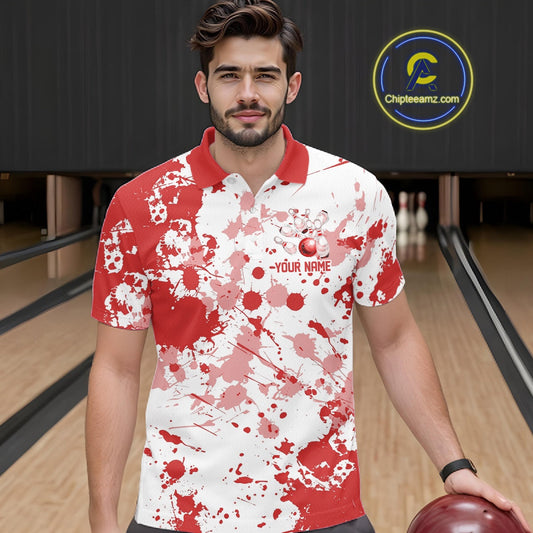 Custom Red Splatter Bowling Team League Shirts For Men, Bowling Jerseys Bowler Outfit IPHW10593