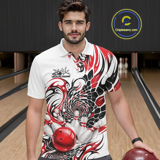 Male model at the bowling lane wearing a white bowling polo shirt with red and black tribal accents, honeycomb-inspired textures, and bowling pin graphics