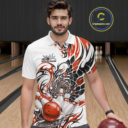 Front view of a male model wearing a white bowling polo shirt with orange and black tribal graphics and a glossy red bowling strike scene