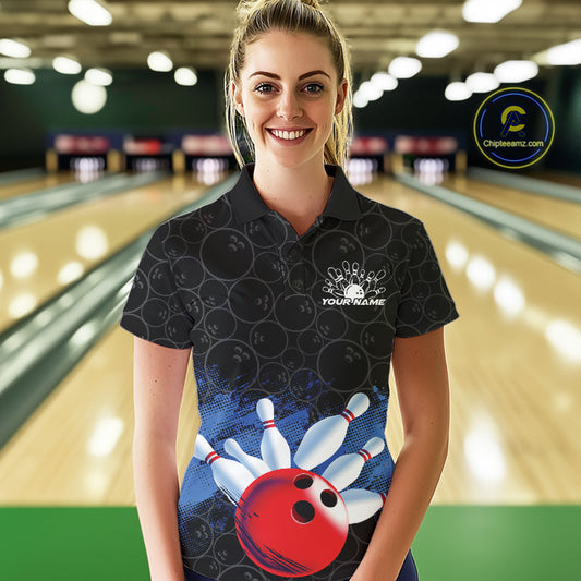 Custom Bowling Pattern Bowling Polo Team Shirts For Women, Bowling League Shirt IPHW9545